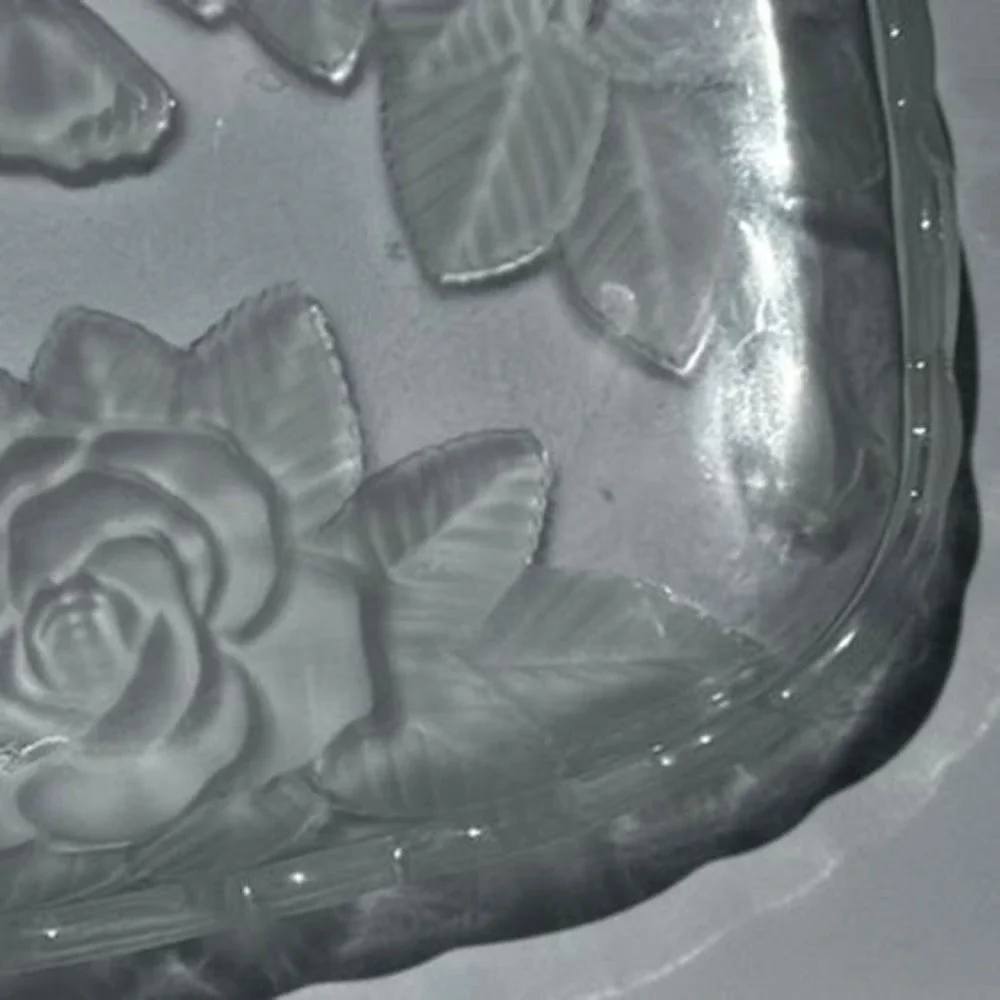 Frosted Rose Glass Serving Tray Scalloped Rectangular Floral Platter 11.5in